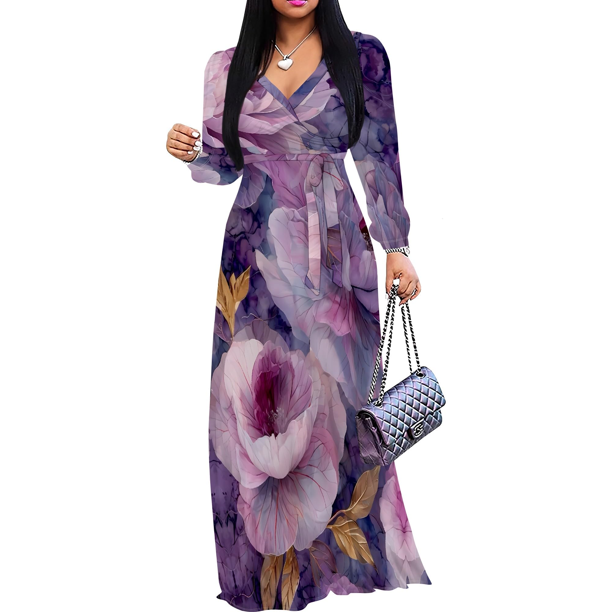 PinkPatty Women's Plus Size V Neck Long Sleeve Wrap Maxi Dress with Belt | Flowy belted maxi dress for travel, vacations, weddings, dinners, church, parties, and everyday elegant wear