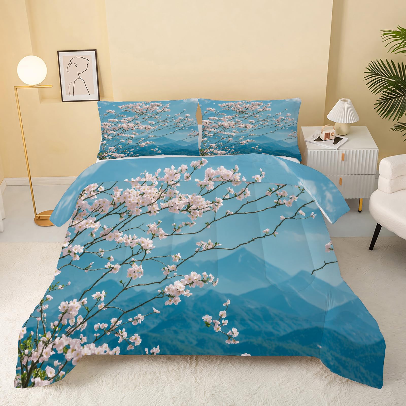 Bettdecke 155x220 Rosa Bettdecke Ohne Bezug, 4 Jahreszeiten Bettdecke Wende 240GSM, Bettdecken Kinderbettdecke Waschbar Steppdecke 155x220 mit 2 Kissenbezug 80x80cm, Blau, Japanische Kirschblüten