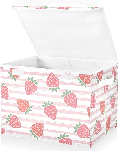 Pink Strawberries Stripes Storage Box With Lid Collapsible Shoe Storage Bed Storage Bins for Dorm Room Home Decor