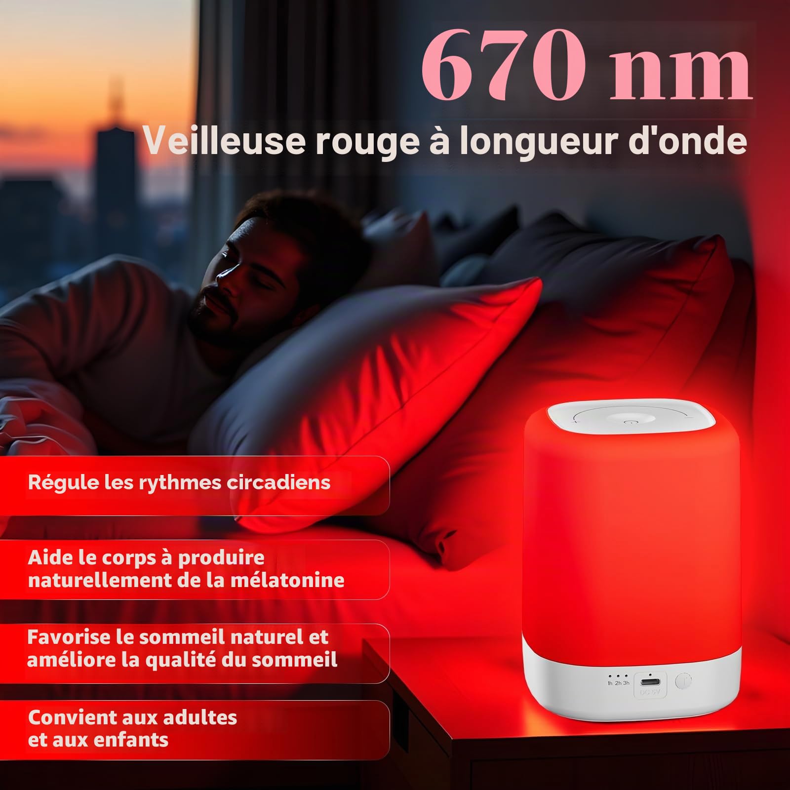 Lampe de thérapie lumineuse rouge pour le sommeil, lumières de nuit rouges avec une longueur d'onde de 670 nm, lampe de nuit rouge pour favoriser une relaxation profonde et améliorer le sommeil pour