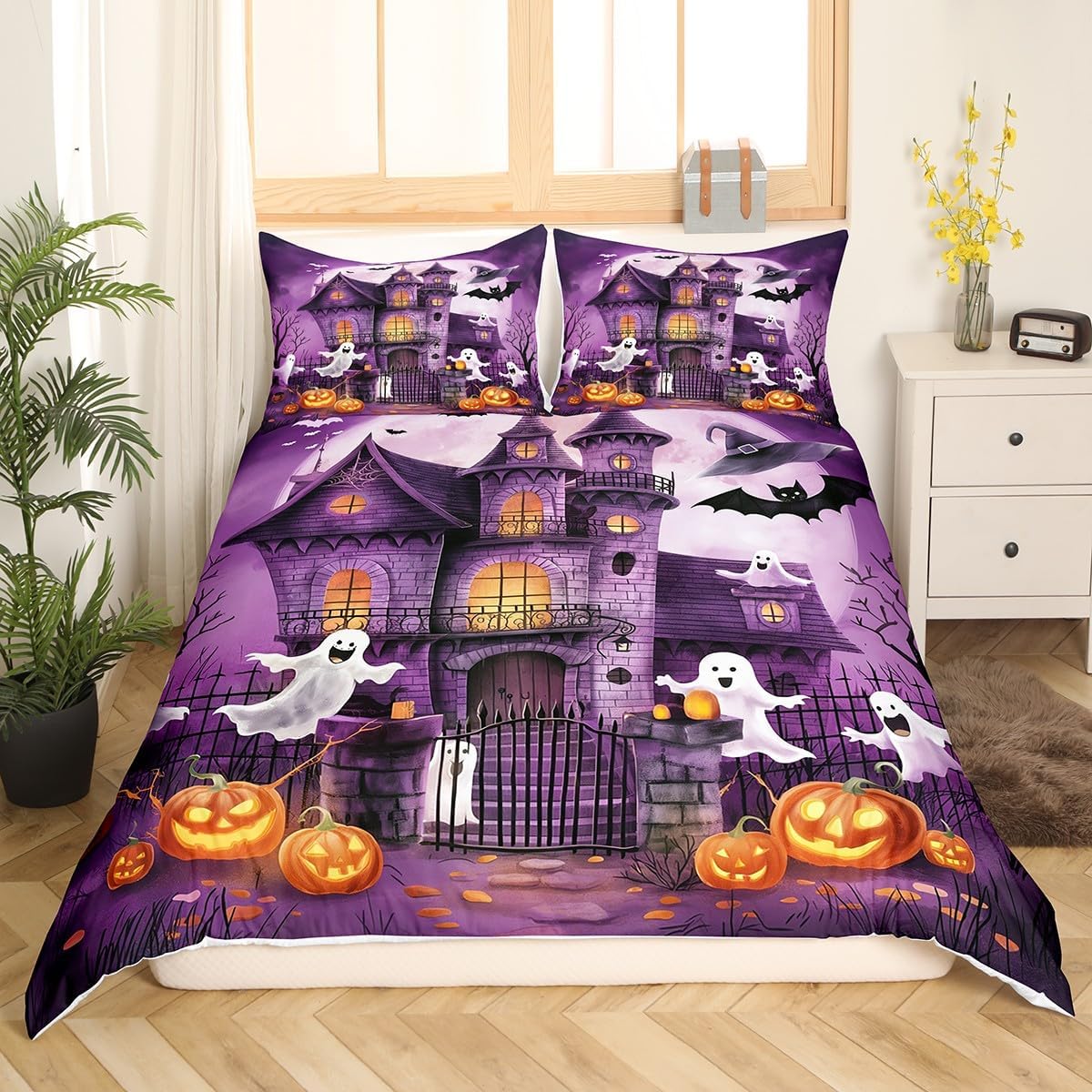 Manfei Halloween Duvet Cover Set King Size, Cute Ghosts Pumpkin Bedding Set for Kids Boys Girls Room Decor, Purple Castle Print Comforter Cover, Soft Polyester Quilt Cover,2 Pillowcases,No Comforter