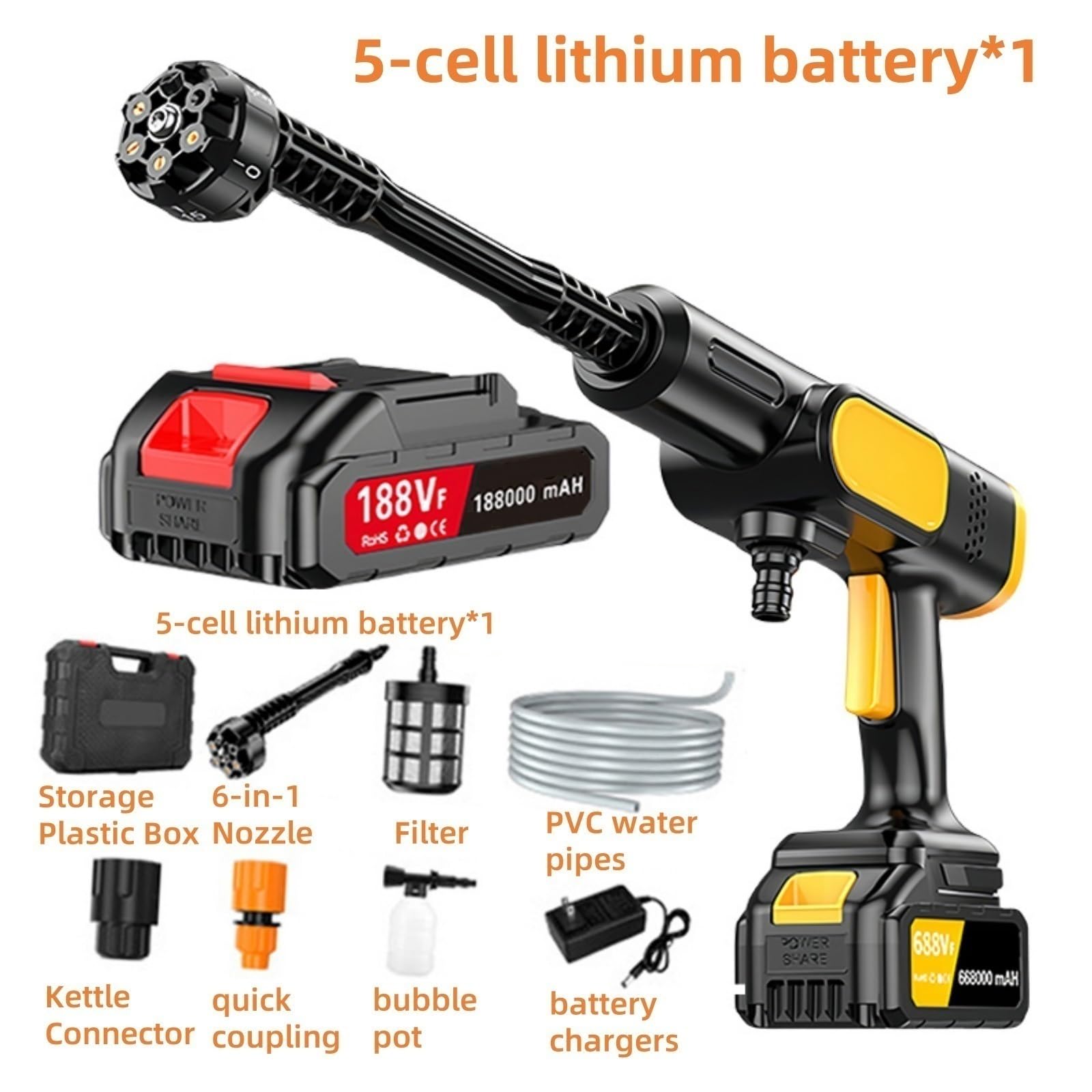 Bezprzewodowy pistolet do myjki ciśnieniowej, mobilna myjka wysokociśnieniowa z wężem 5 m dyszą 6 w 1 bezprzewodowym pistoletem Hydro Blast(5-cell lithium battery*1)