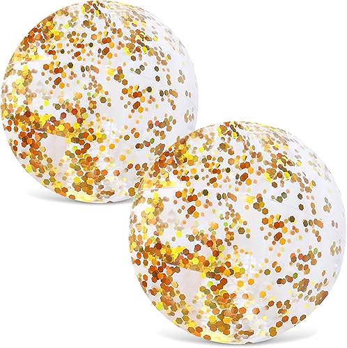 FUTUREPLUSX Pelotas de playa con purpurina de 16 pulgadas, 2 bolas de piscina inflables con confeti dorado para niños, cumpleaños, verano, fiesta en