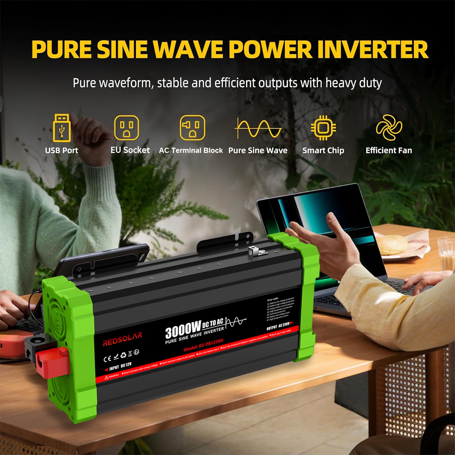 REDSOLAR Convertisseur Pur Sinus 3000W (Pic 6000W) 12V 220V 230V, Onduleur avec Port USB, Prise EU, Écran LCD et Télécommande Filaire de 7 Mètres – pour Caravane, Camping, Voyage et Systèmes Solaires