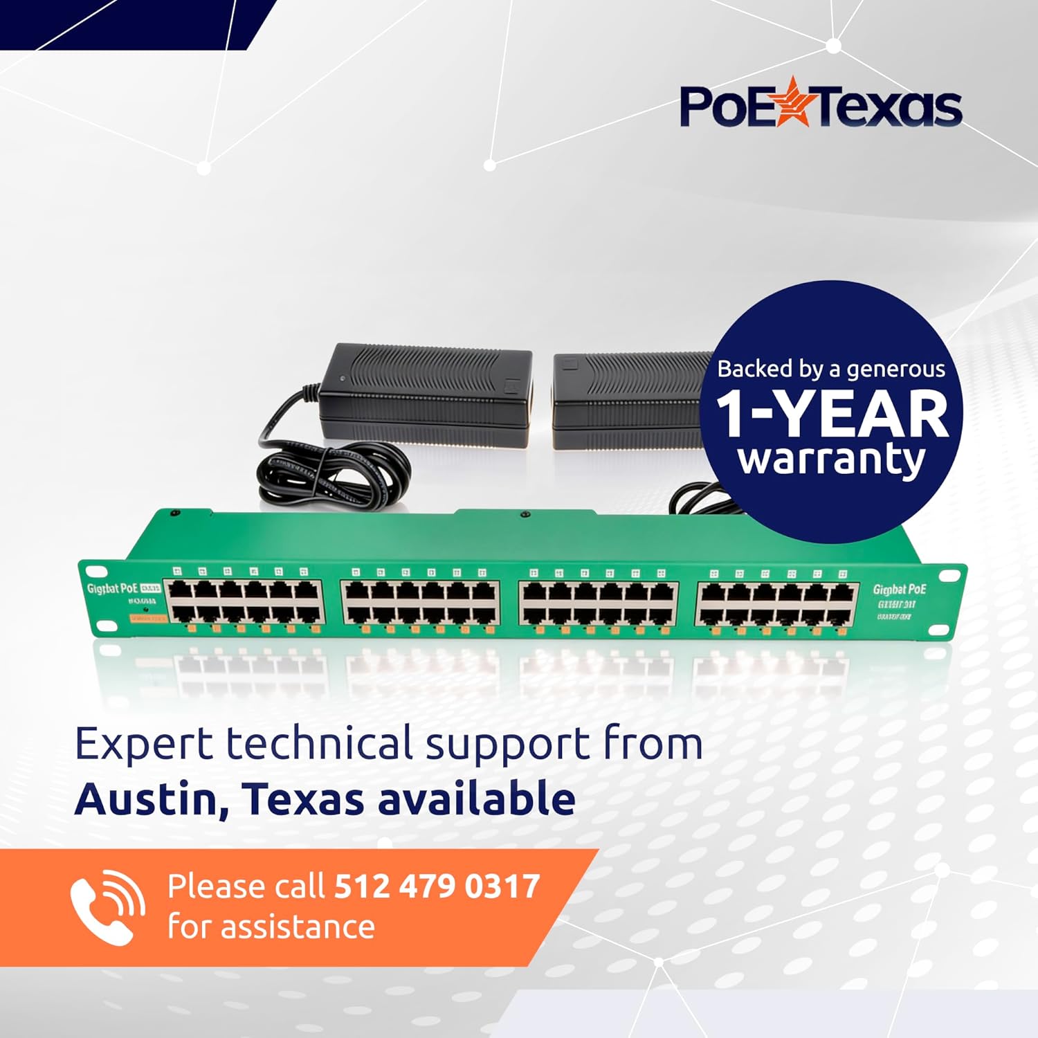 PoE Texas 24 Multi Port IEEE 802.3at PoE+ Injector - Gigabit Data Active Power Over Ethernet for High Powered Devices, 30W PoE Injector for WiFi Access Point & More with 2X 56V 120W Power Supplies