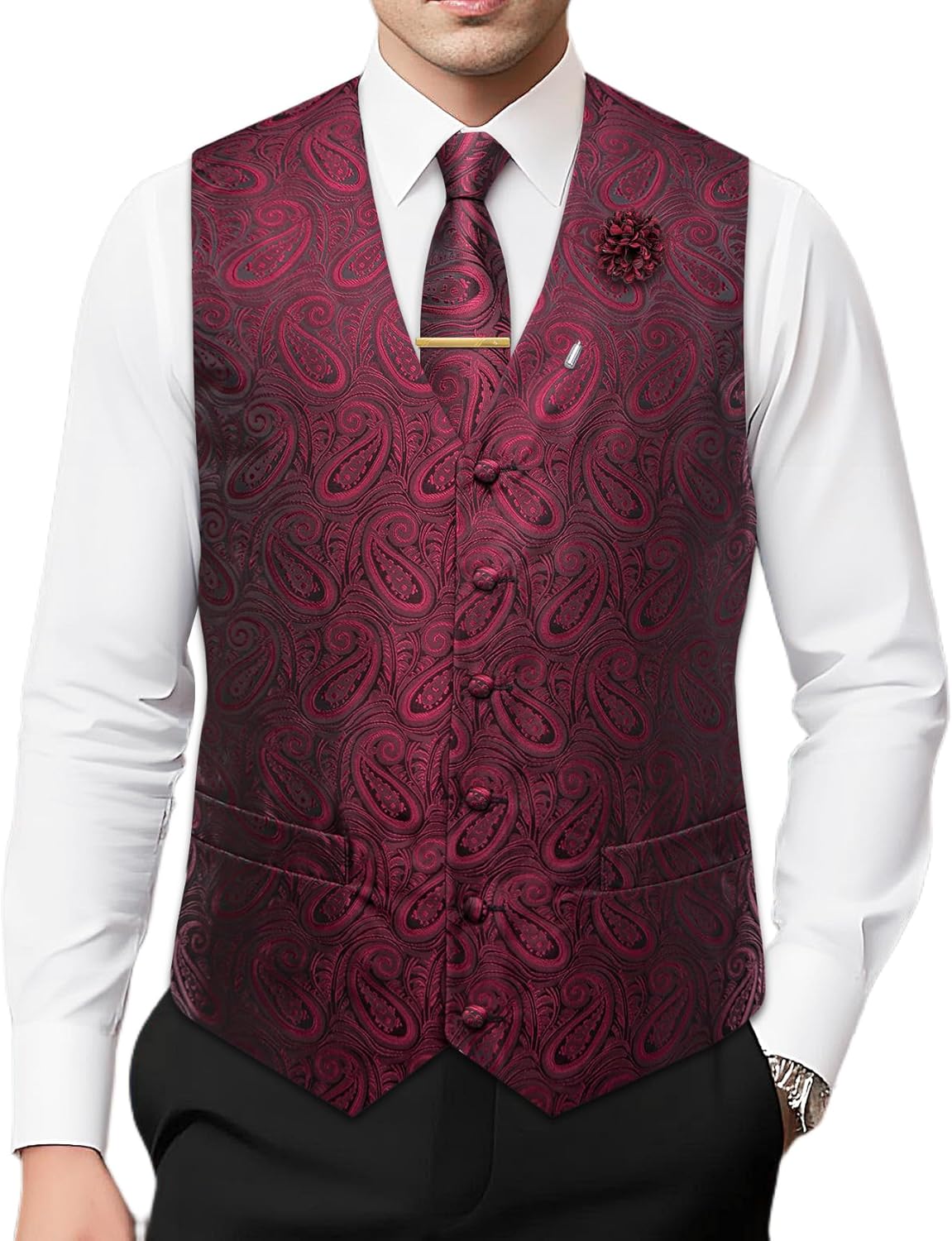 Hi-Tie Mens Silk Vest Set 6 PCS Dress Vest and Tie Pocket Square Lapel Pin for Work Wedding Business - Image 2