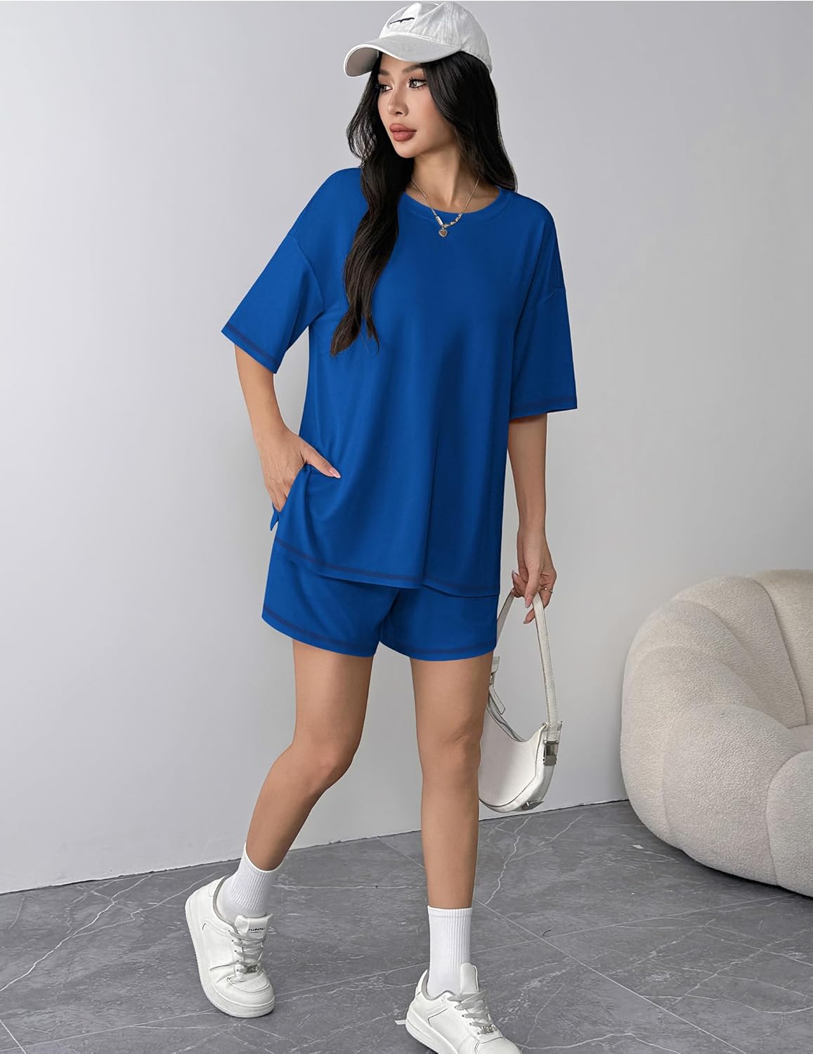 Ekouaer Lounge Sets for Women 2 Piece Shorts Sets Moisture Wicking Casual Summer Short Sleeve Matching Outfits with Pockets - Image 4