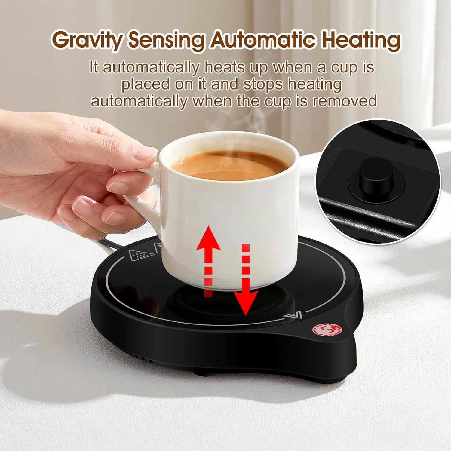 Smart Mug Warmer with Gravity Sensor Auto On/Off, 5-Level Temp Control, Microcrystalline Glass, 8H Safety Shut-Off for Office & Home, Black