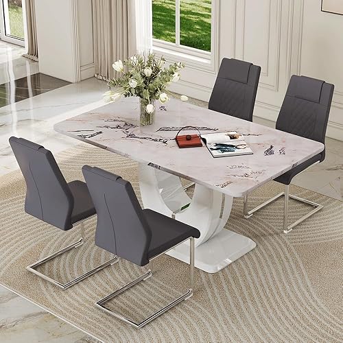 Miniatura 8 de Juego de 6 sillas de comedor modernas, de piel sintética, con respaldo alto, elegantes sillas sin brazos con tubo en forma de C, patas de metal