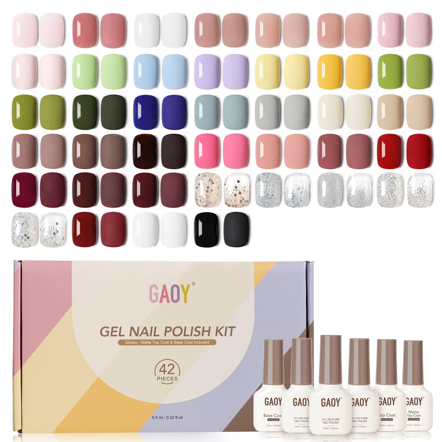 GAOY 42 Pcs Gel Nail Polish Kit, Brown Glitter Burgundy Red Colors All Seasons Gel Nail Polish Set with Glossy & Matte Top Coat and Base Coat for Salon and DIY Manicure at Home