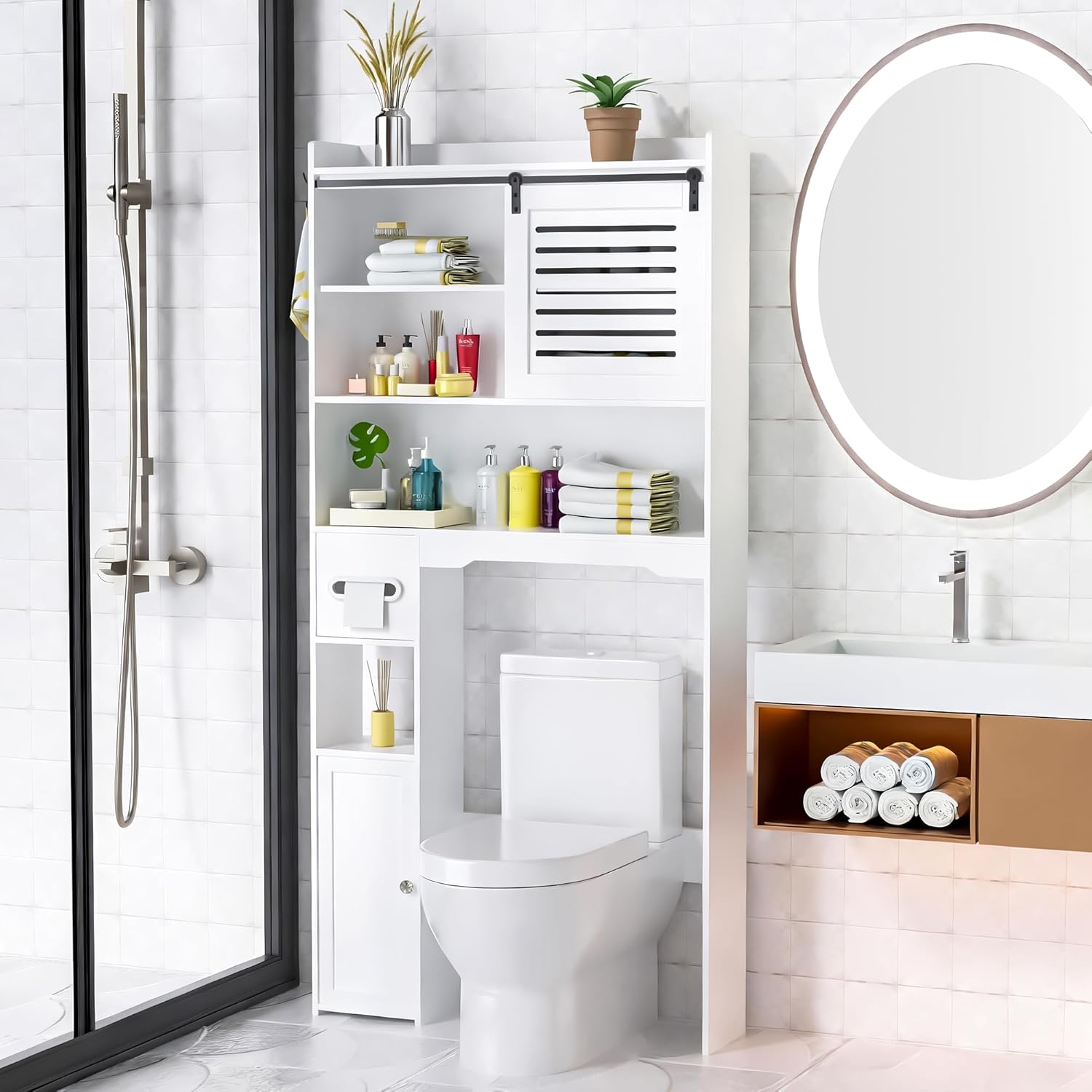 Over The Toilet Storage Cabinet, Bathroom Storage Cabinet Organizer, Above Toilet Rack with Door and Adjustable Shelves, Space Saver for Restroom, Laundry (White Left Side)