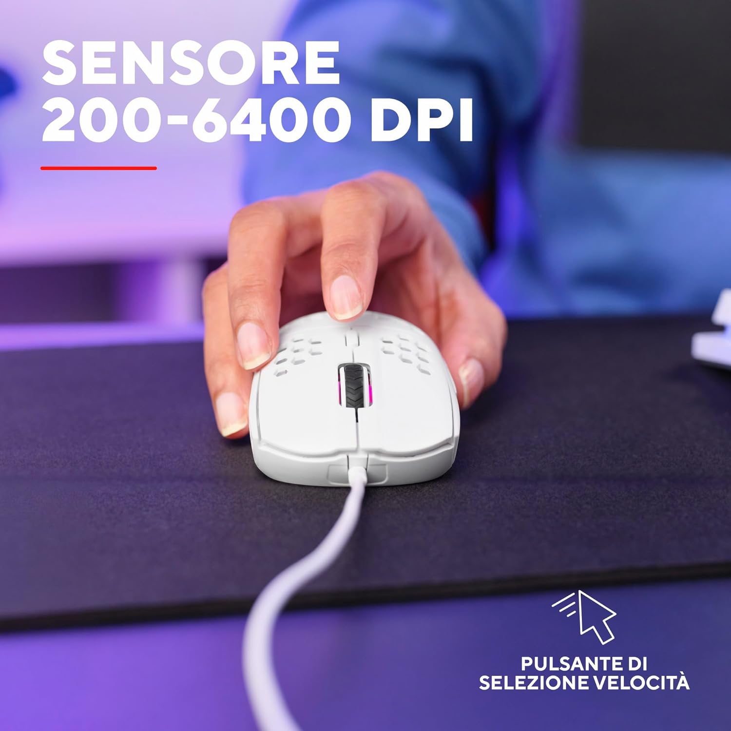 Trust Gaming GXT 928W Helox Mouse Gaming Superleggero 65g con Filo, Regolazione DPI 200-6400 Sensore Ottico, 6 Pulsanti Programmabili, Illuminazione RGB, Mouse da Gaming per PC Desktop Laptop, Bianco Helox - con filo - 6400 DPI Bianco - Immagine 4