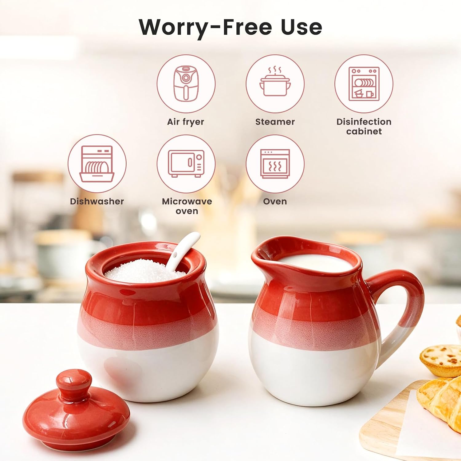 Daily Treasures Ceramic Sugar and Creamer Set with Lid & Spoon, Red-White