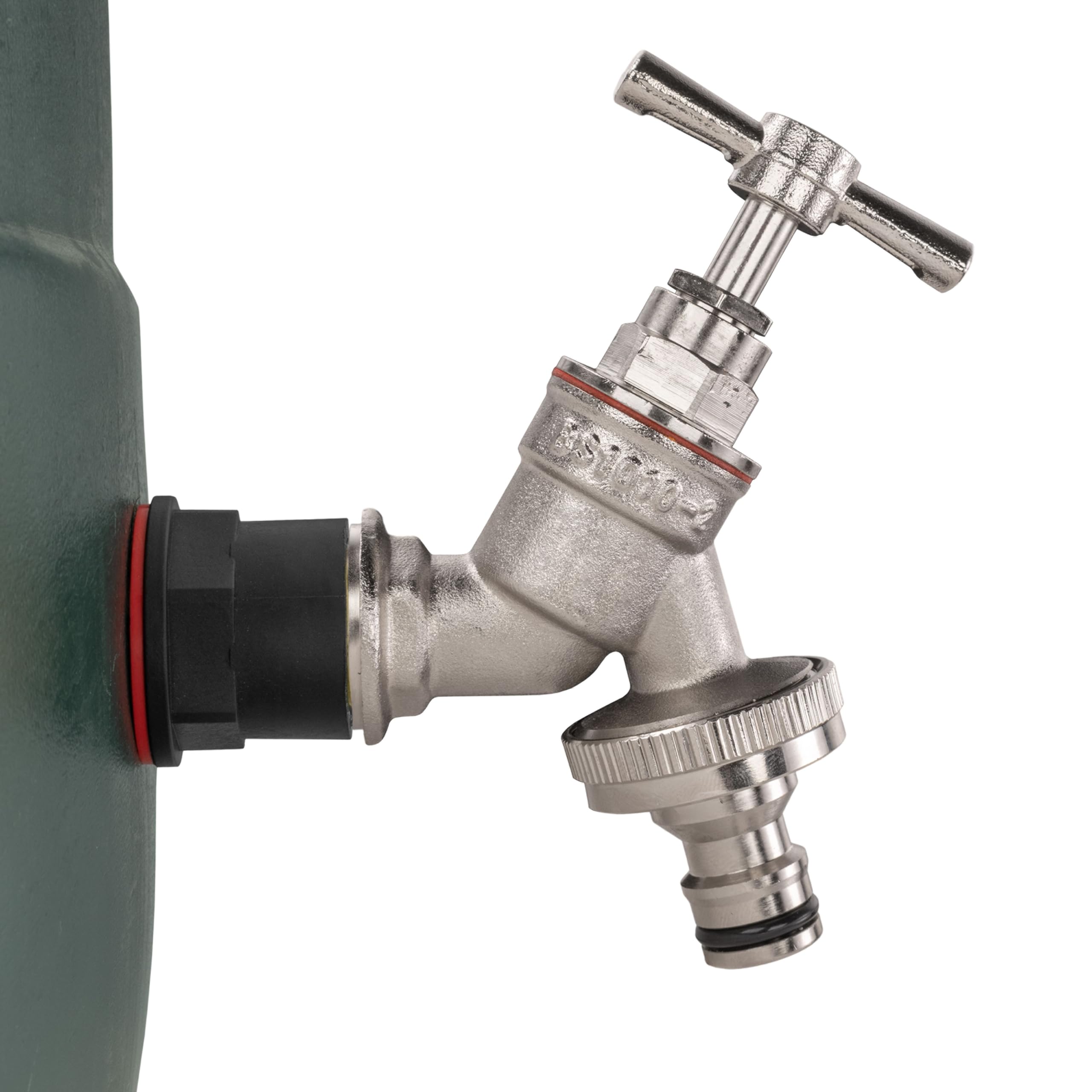 Water butt/rain barrel/tank adaptor+silver bib tap, universal hose connector 1/2" bsp (21mm hole) or 3/4" bsp (26mm hole) (1/2" bsp)