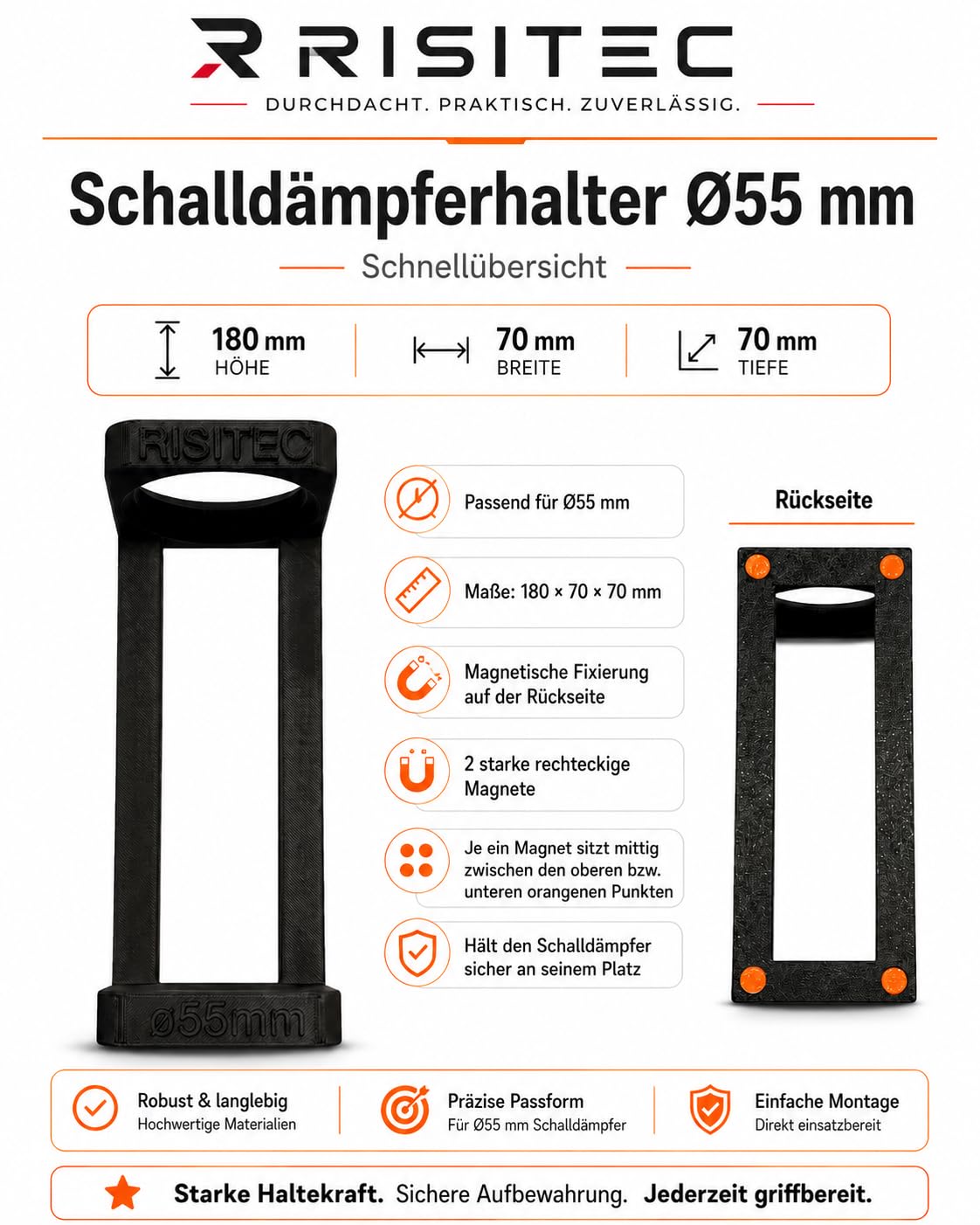 Schalldämpferhalter Ø55 mm – magnetischer Halter für Waffenschrank mit 2 starken Magneten, schwarz | Magnetische Aufbewahrung im Waffenschrank