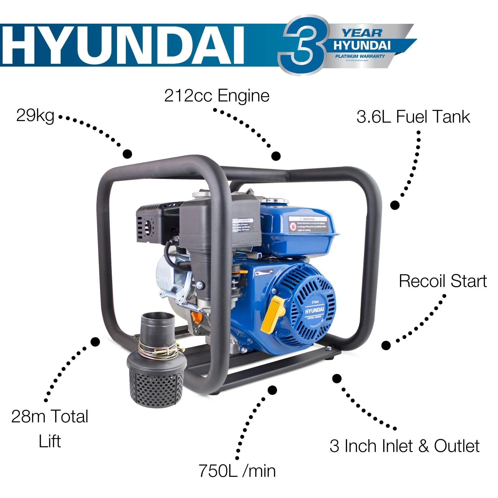 Hyundai HY80 80 mm 3" benzynowa pompa wodna, czarna i srebrna