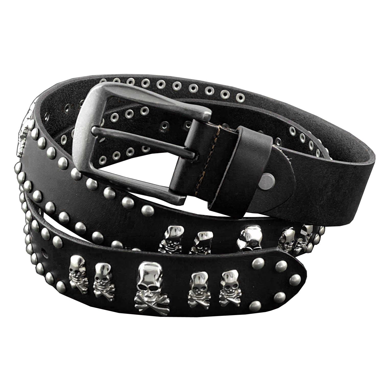 Skull Studded Rivet Genuine Leather Punk Rock Belt Mens Waistband Brown/black - Black - One size