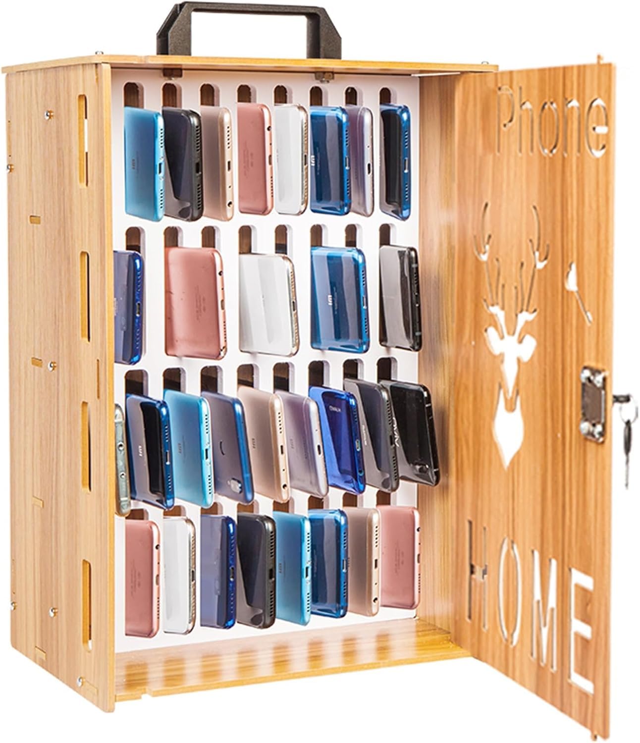 Casier pour téléphone portable en bois à 36 positions avec poignée