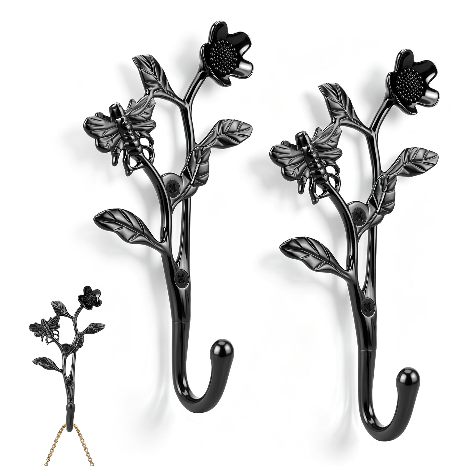 Guijzsltrg Black 2Pcs Heavy Duty Metal Coat Hooks, Vintage 3D Bee & Flower Wall Mounted Hooks For Hanging Clothes, Hats, Towels, Keys, Decorative Wall Hangers For Bathroom, Entryway, Bedroom(Black)