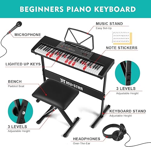 Miniatura 4 de MUSTAR MEKS-700 Teclado de piano con teclas iluminadas, teclado de aprendizaje de 61 teclas para principiantes, teclado de piano eléctrico con