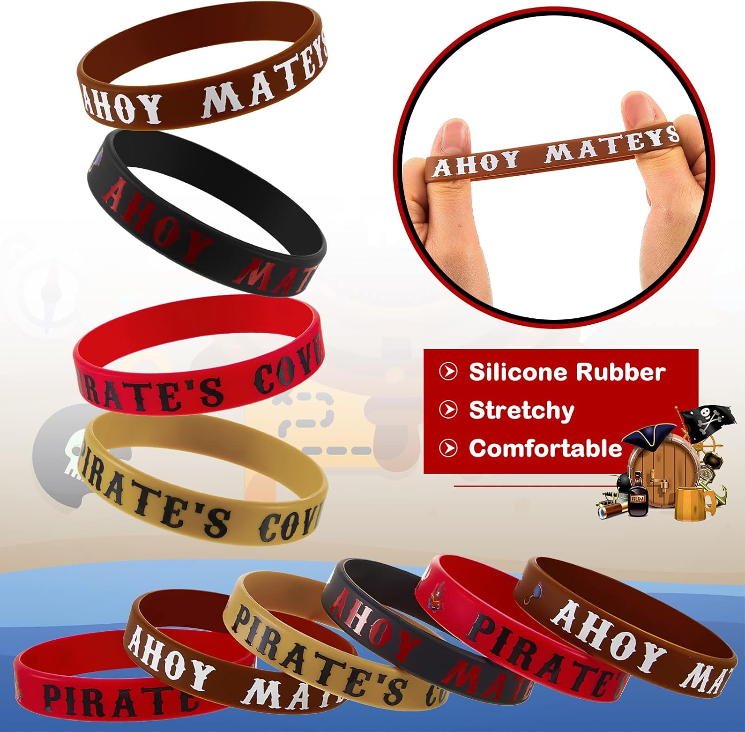 Leitee 64 Pcs Pirate Rubber Bracelets Party Theme Wristbands Silicone Wristbands Skull Pirate Party Favors Accessories for Men Women Birthday Prizes Decorations, 4 Styles