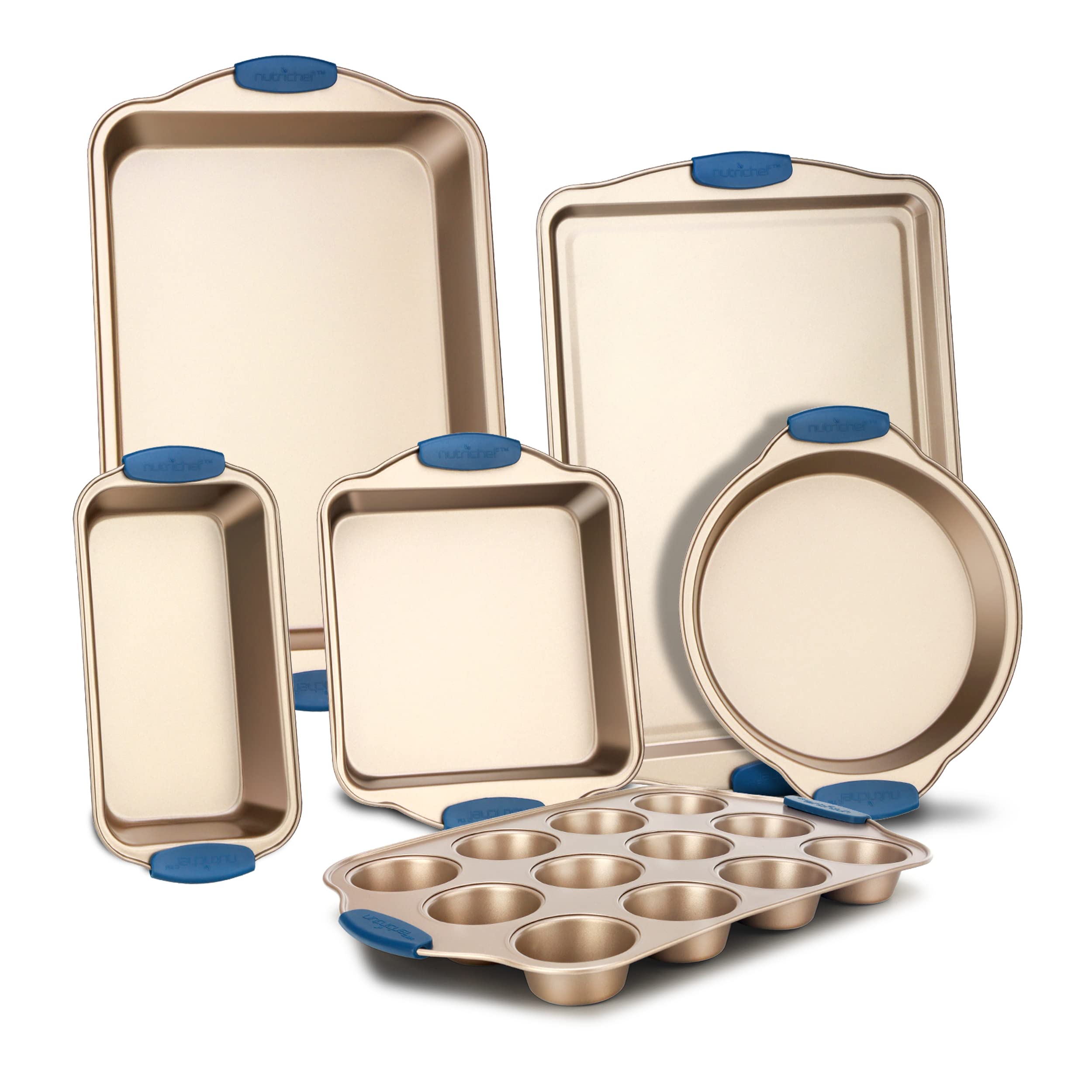 Nutrichef6-Piece Nonstick Bakeware Set - Premium Carbon Steel Baking Trays w/Heat-Safe Silicone Handles - Includes Loaf Pan, Muffin/Cupcake Pan, Round & Square Roaster Pans, Cookie Sheet - NCSBSG36