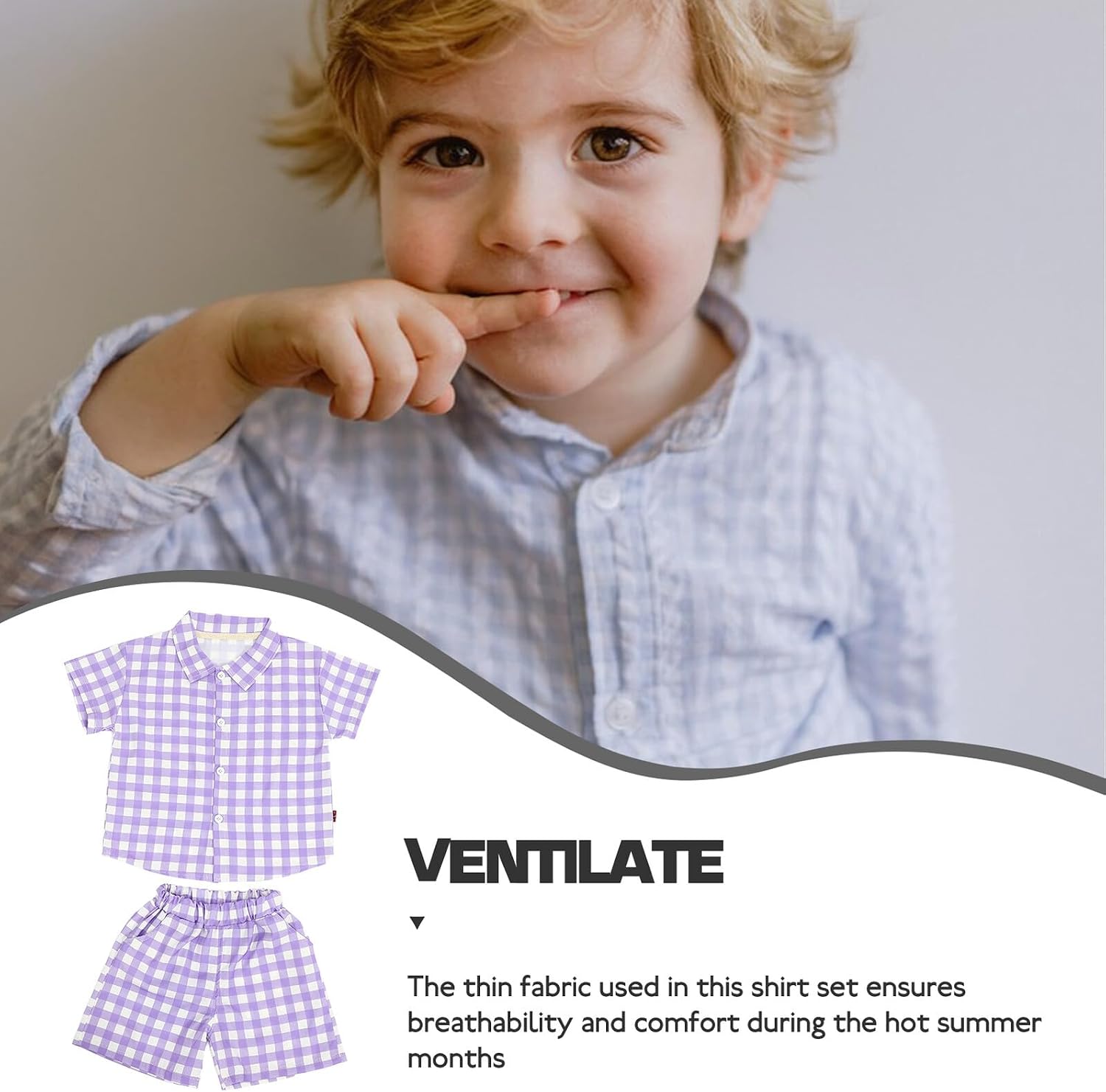 BESPORTBLE Boys Summer Short-sleeved Shirt and Pants Set, Breathable Cotton, Lightweight Plaid Collar Shirt, Purple, Suitable for 100cm Height, Clothes Outfit