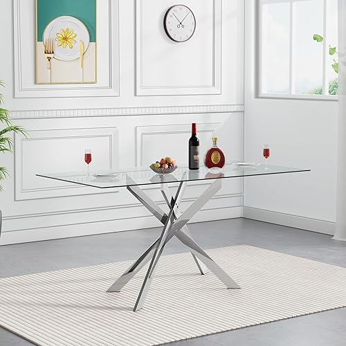 Miniatura 1 de Pvillez Mesa de comedor de cristal de 51 pulgadas para 4, mesa de comedor moderna de vidrio templado con patas de metal plateado, mesa de comedor