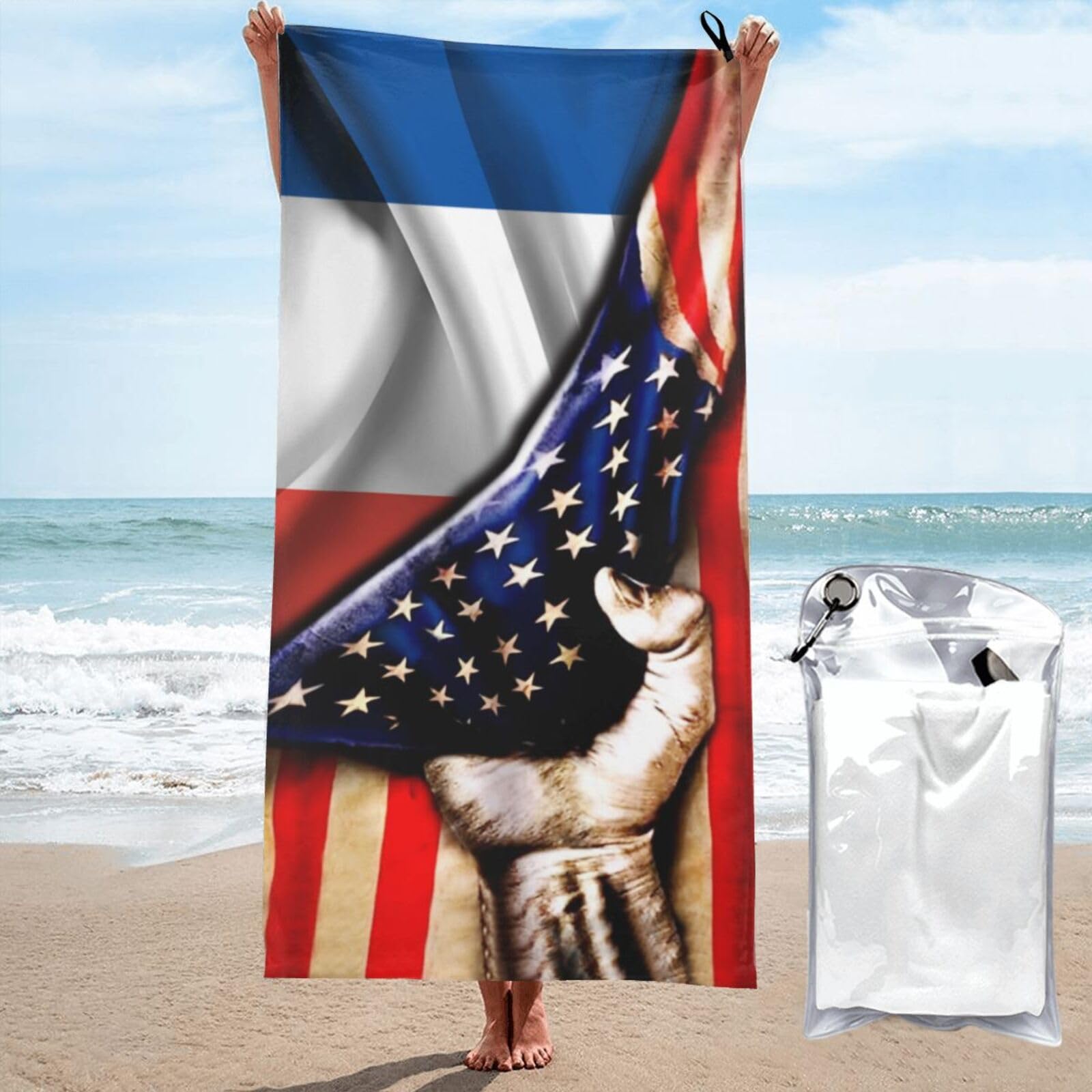 HACXZ Large Camping Towel America Flag and France French Flag Microfiber Beach Towel Bathroom Beach Towels