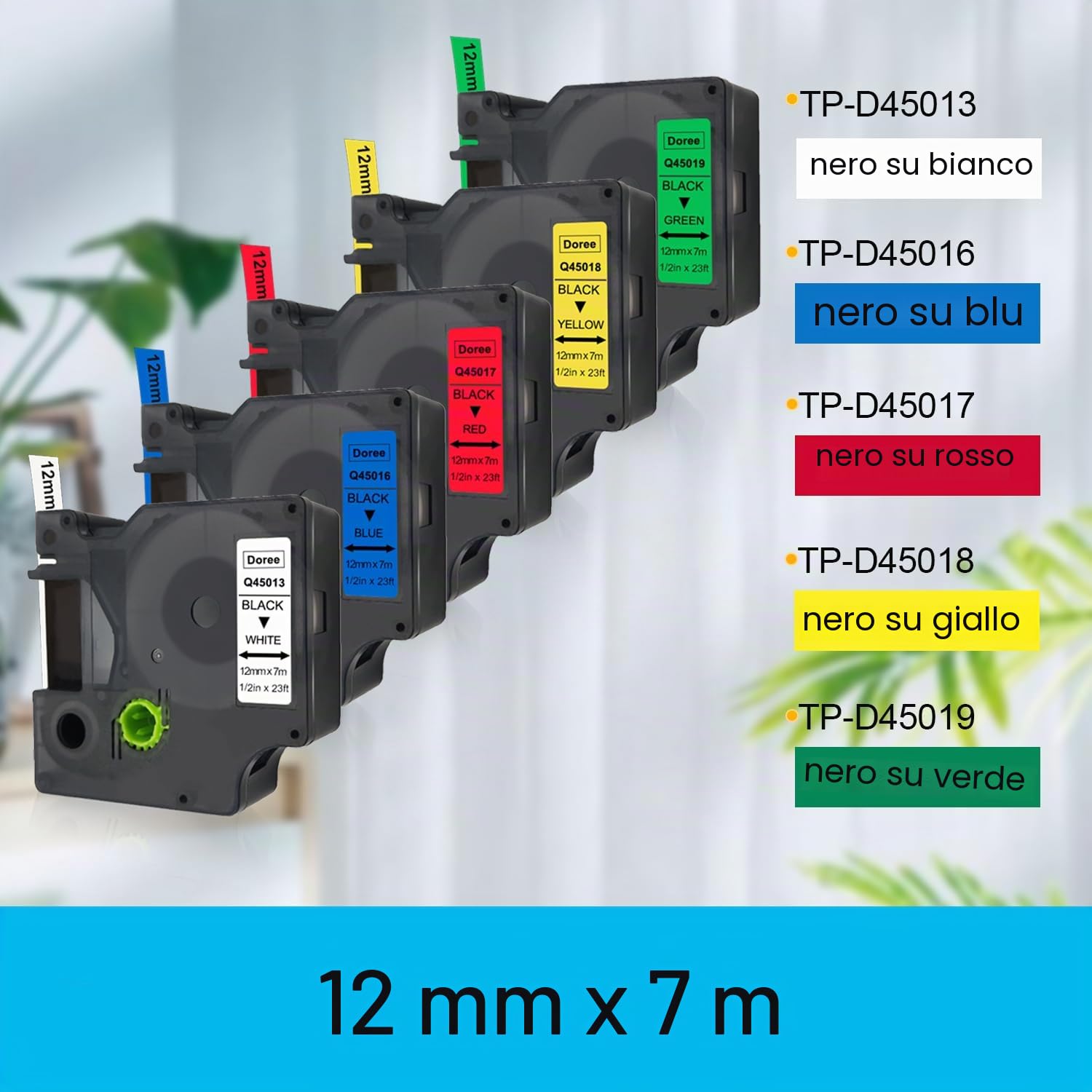 DOREE 5 pezzi D1 nastri etichette 12 mm x 7 m,impermeabili UV, inclusi D1 45013, 45016, 45017, 45018, 45019 bianco/blu/rosso/giallo/verde, compatibili con Dymo LabelManager 160, 210D, 280, 350, 360D.