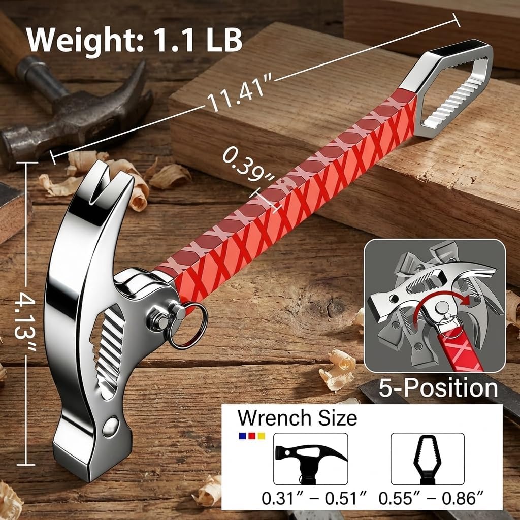 Folding Multi-Function Claw Hammer, Adjustable One-Piece Rust-Proof Hammer Head, Integrated Pry Rod Nail Remover & Multiple Size Hexagonal Screwdriver for Home, Auto Repair