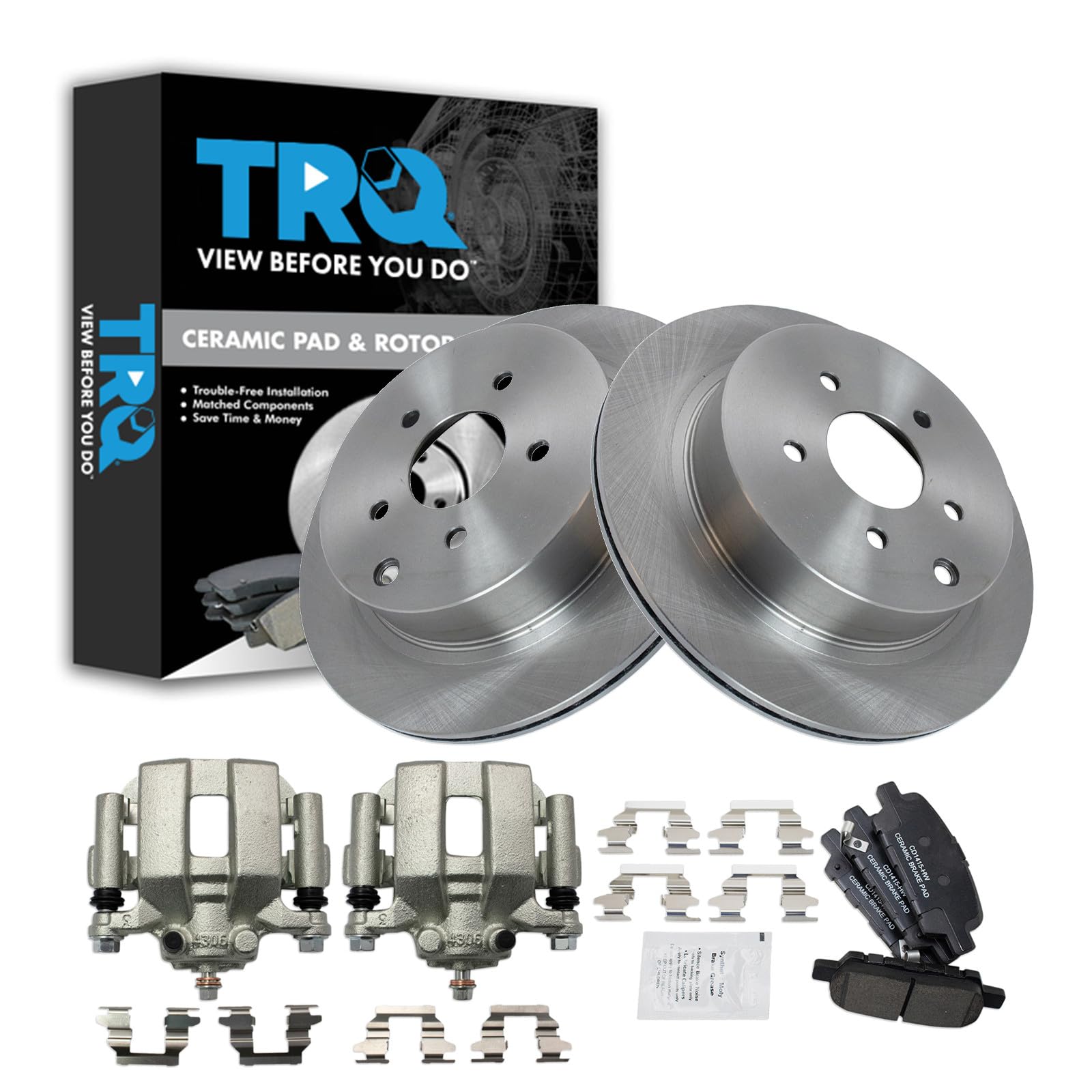 TRQ Rear Brake Pad and Rotor Set Ceramic Rotors Calipers Compatible with 2003-2007 Nissan Murano 2004-2009 Quest