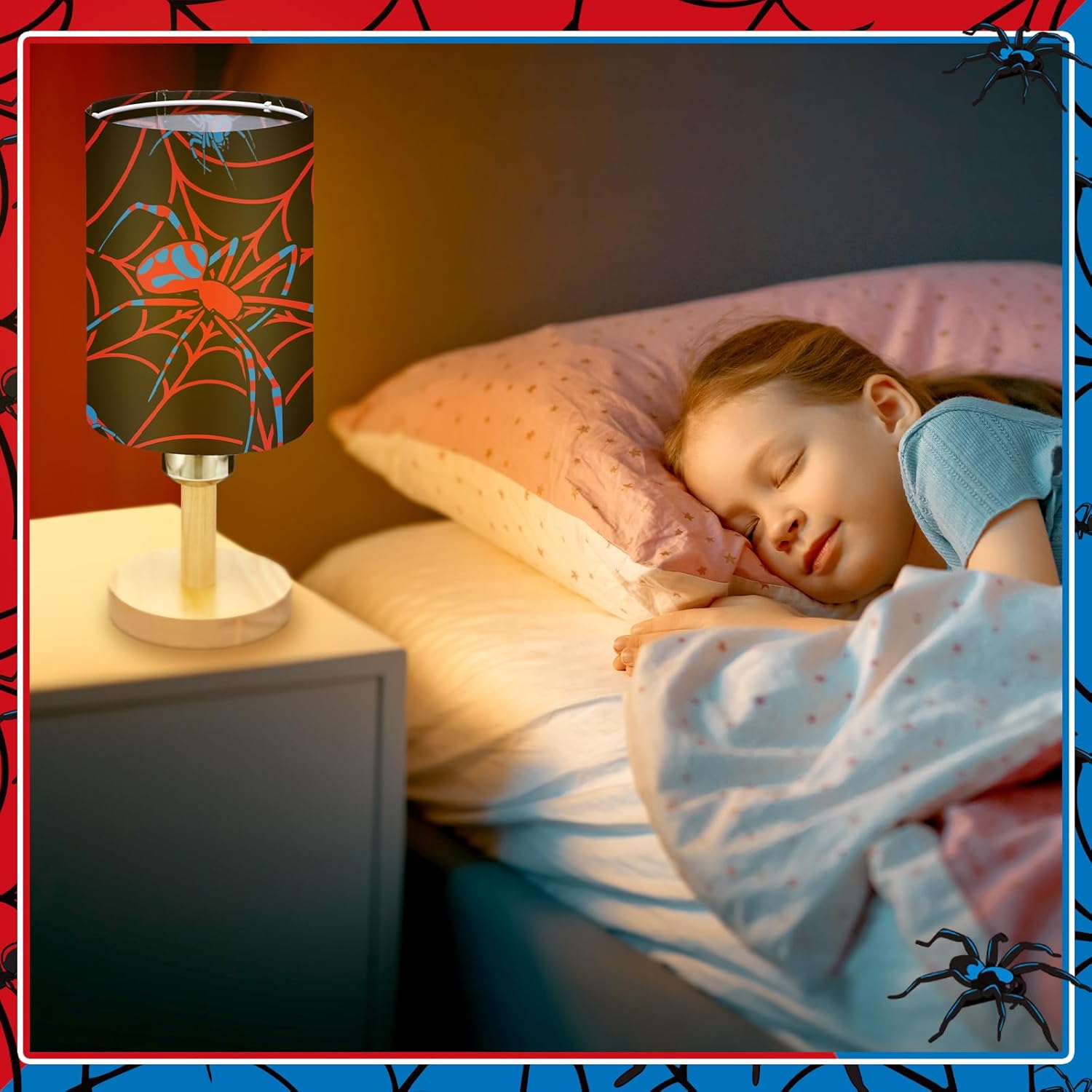Tujoe 3 Pcs Interchangeable Spider Bedside Table Lamp Fabric Nightstand Table Lamp for Kids Room Desk Reading Bedroom Night Stand Decor Children's Birthday Christmas Gifts for Girls and Boys