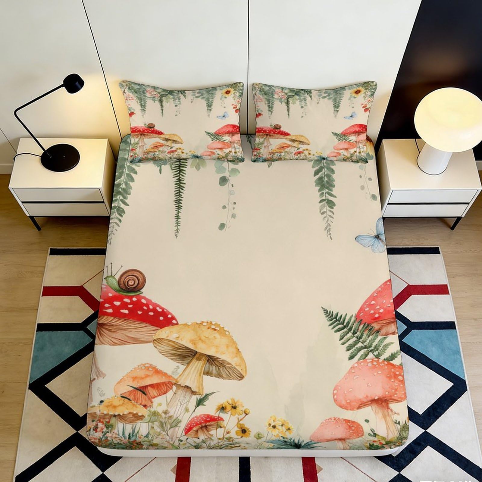 3D Printed Mushroom Forest Fitted Sheet Microfiber Soft Anti-Slip Woodland Bed Sheet for Bedroom Guest Room Decor 90x200x25cm