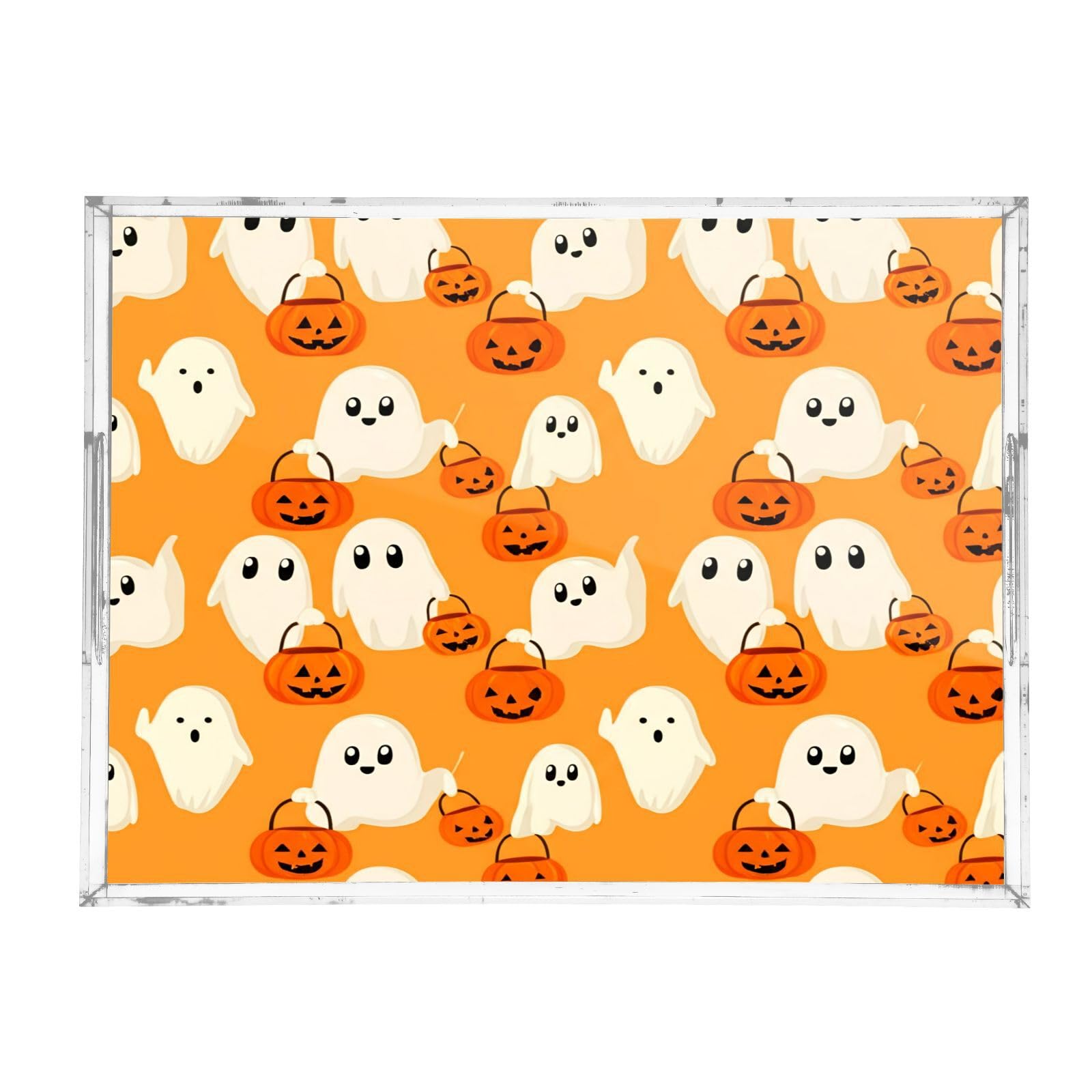 BOESI Cute Ghosts & Halloween Pumpkins Acrylic Decorative Dining Tray, Acrylic Decorative Tray Organizer with Handle for Kitchen, Dining Room, Bathroom, Dresser