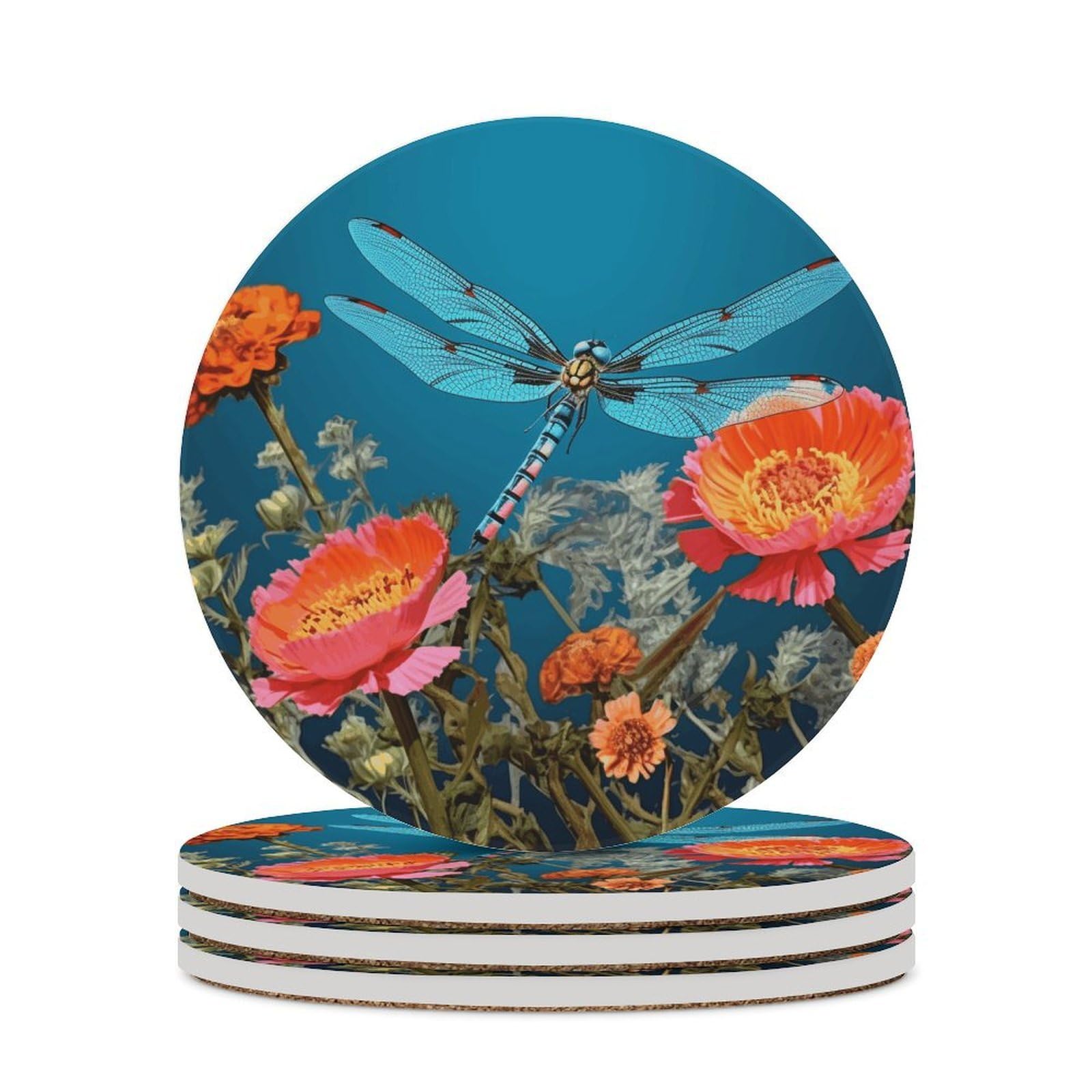 Dragonfly and Flower Coasters for Drinks Absorbing Round Ceramic Stone Coaster with Cork Base Coffee Cup Beverage Table Cup Mat Modern Style Bar Coaster Set for Home Decor