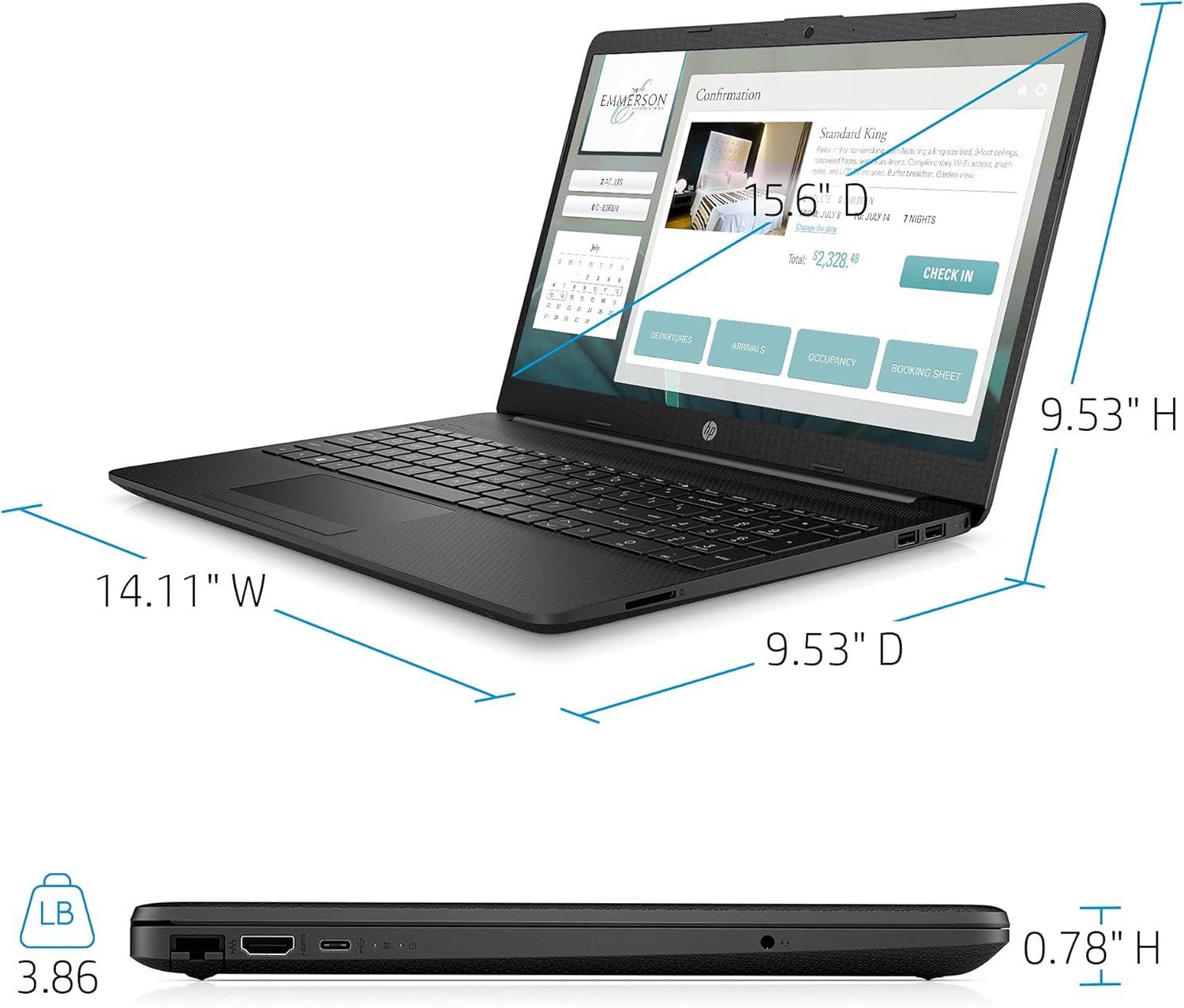 Side view of HP laptop showing various ports including USB-C, USB-A, HDMI, RJ-45, and headphone/microphone combo.