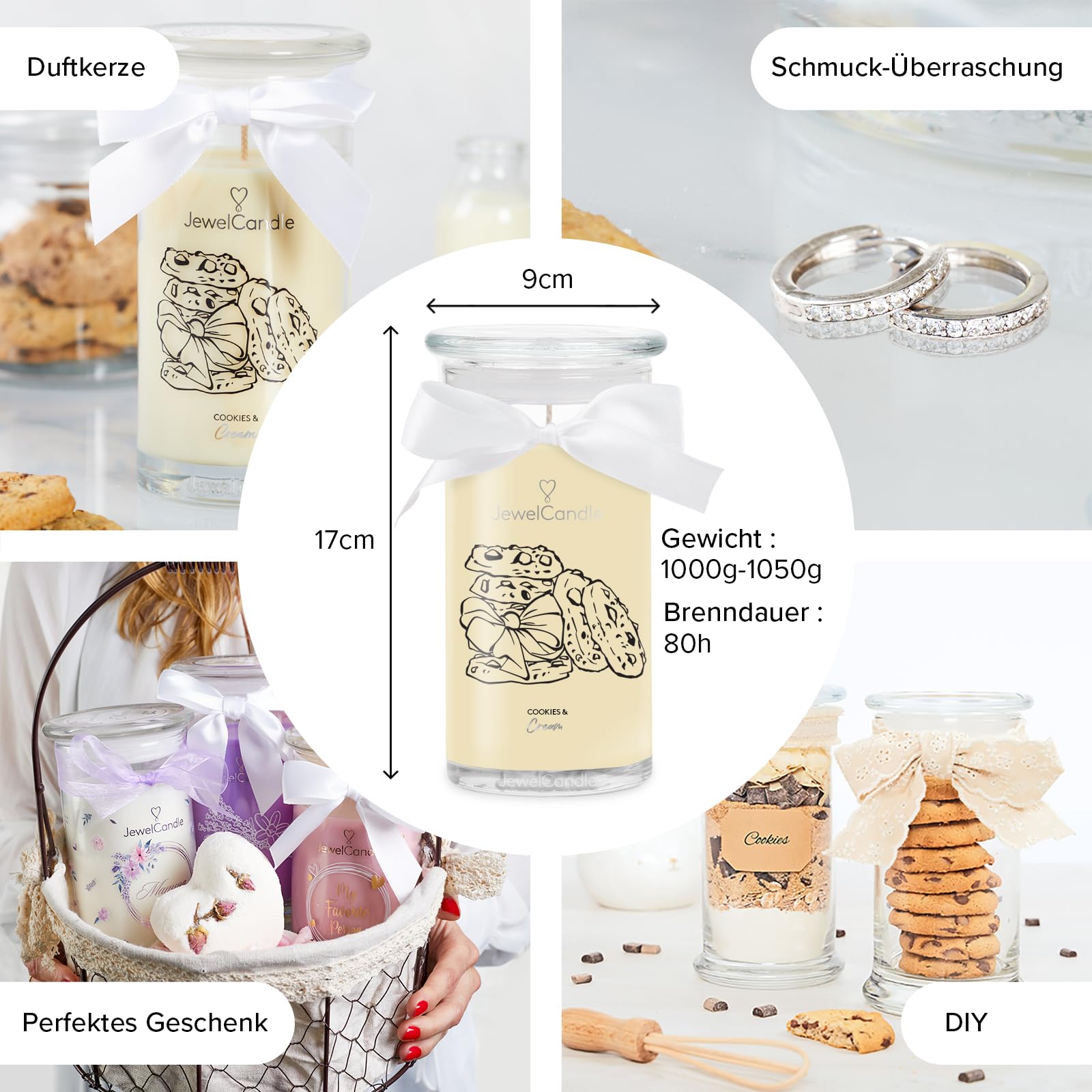 JuwelKerze Cookies & Cream Ohrringe Silber - Schmuckkerze 80 Std - große Duftkerze mit Orientalischem Duft - beige Kerze mit Schmuck Überraschung als - Geschenke für Frauen, Geburtstag