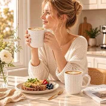 Large Ceramic Coffee Mugs 20 oz, Large Waffle Embossed Mug Set with Handle, Unique Coffee Cups for Latte, Cappuccino, Cocoa, Hot Tea, Mocha, Milk, Housewarming Wedding Present -Set of 2 (White)