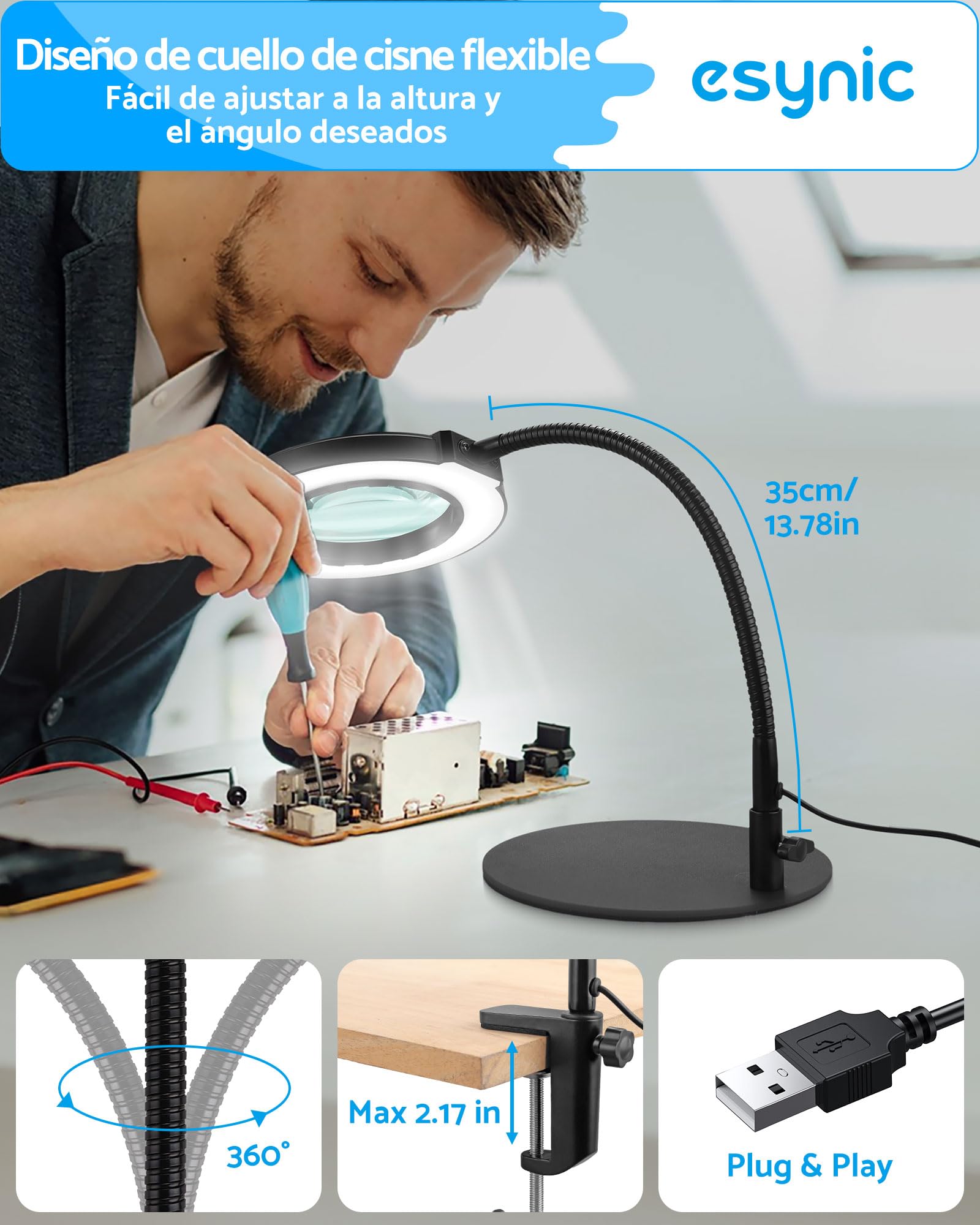 eSynic Lupa con Luz LED 8X Profesional Lámpara de Mesa con 72 LED Ajustables, 10 Niveles de Brillo + 5 Temperaturas de Color, Base de Metal Pesado y Brazo Flexible de 35cm para Lectura/Manualidades