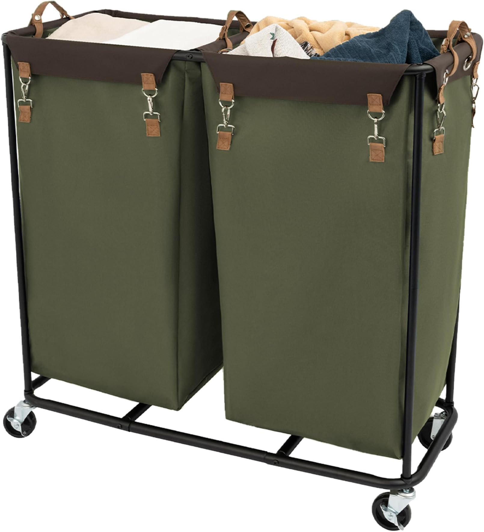390L Extra Large Laundry Hamper with Wheels, 2 Sections Laundry Basket with Wheels, Clothes Sorter Cart with Divider for Hotel, Home, Green, 37.75"L x 17"W x 37.5"H