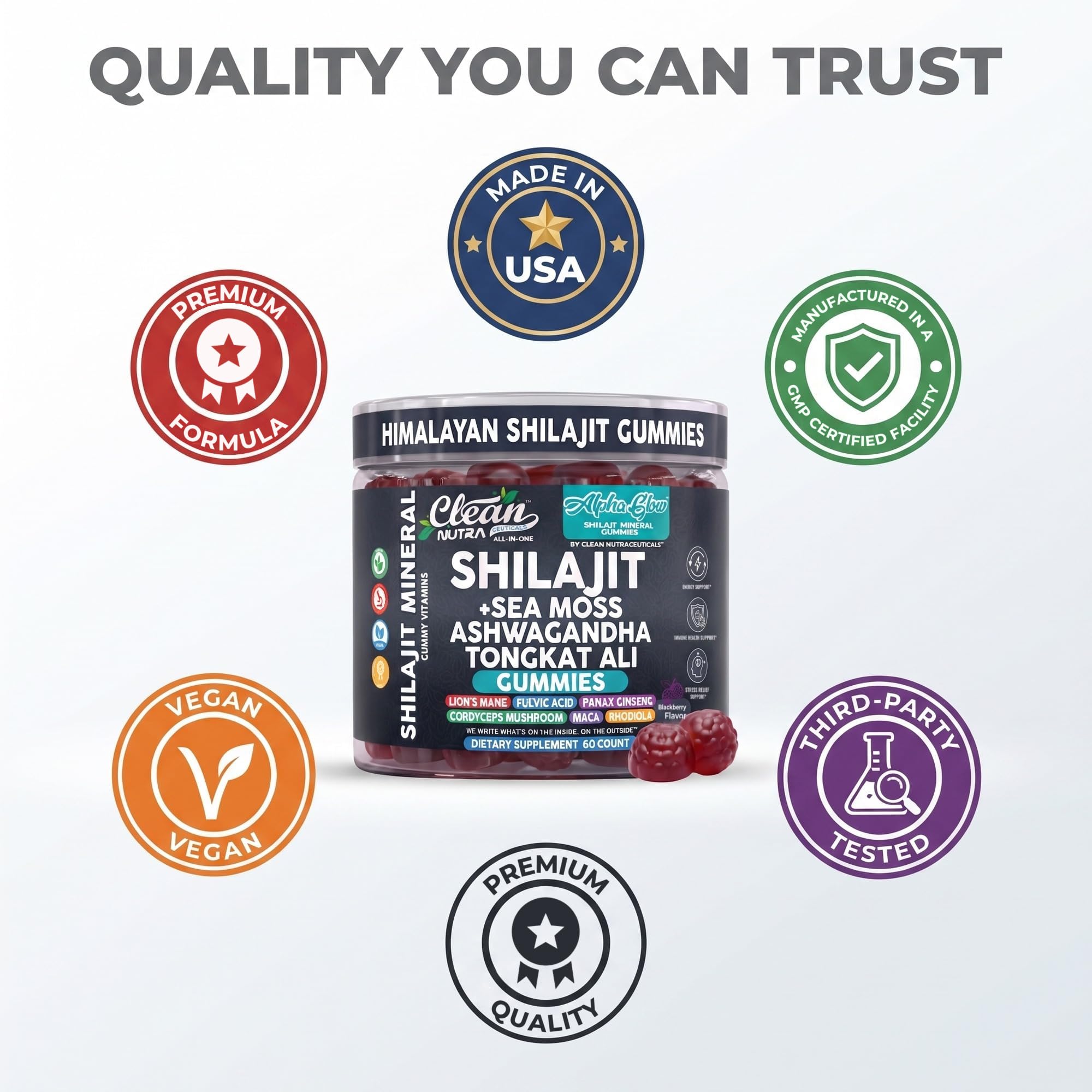 Alpha Glow Shilajit Gummies with Irish Sea Moss Tongkat Ali Ashwagandha Lion's Mane MACA Panax Ginseng Rhodiola & Cordyceps By Clean Nutra (1) — Amazon image 8