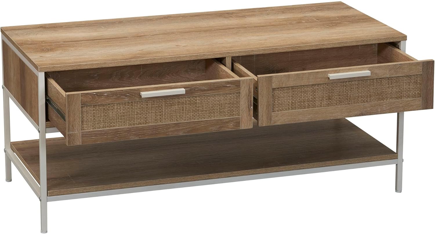Household Essentials Bungalow Rectangular Coffee Table with Storage Shelf and 2 Drawers Coastal Oak Rustic Wood Grain Woven Front and White Metal