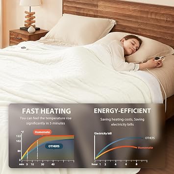 Homemate Electric Heated Blanket King Size - 100x90 Heating Blanket King Size Dual Control 1/2/4/6/8 Hours Auto-Off 10 Heat Level Over-Heat Protection Flannel Sherpa ETL Certification