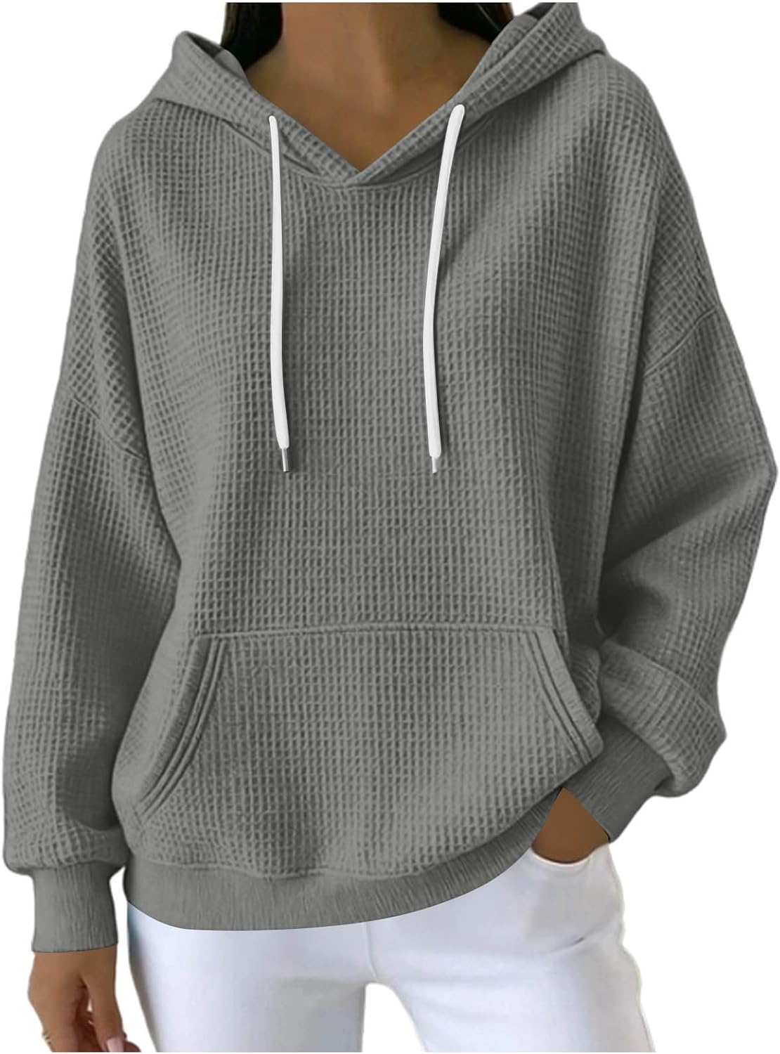 Oplxuo Women's Waffle Knit Oversized V Neck Sweatshirt Long Sleeve Pocket Soft Lounge Pullover Fall Tops