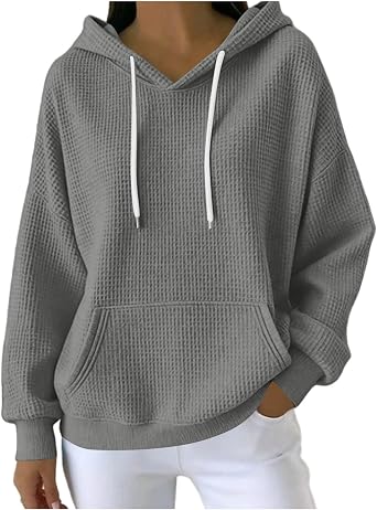 Womens Waffle Knit Hooded Sweatshirt, Oversized Long Sleeve Pullover Hoodies Tops Casual Fall Outfits