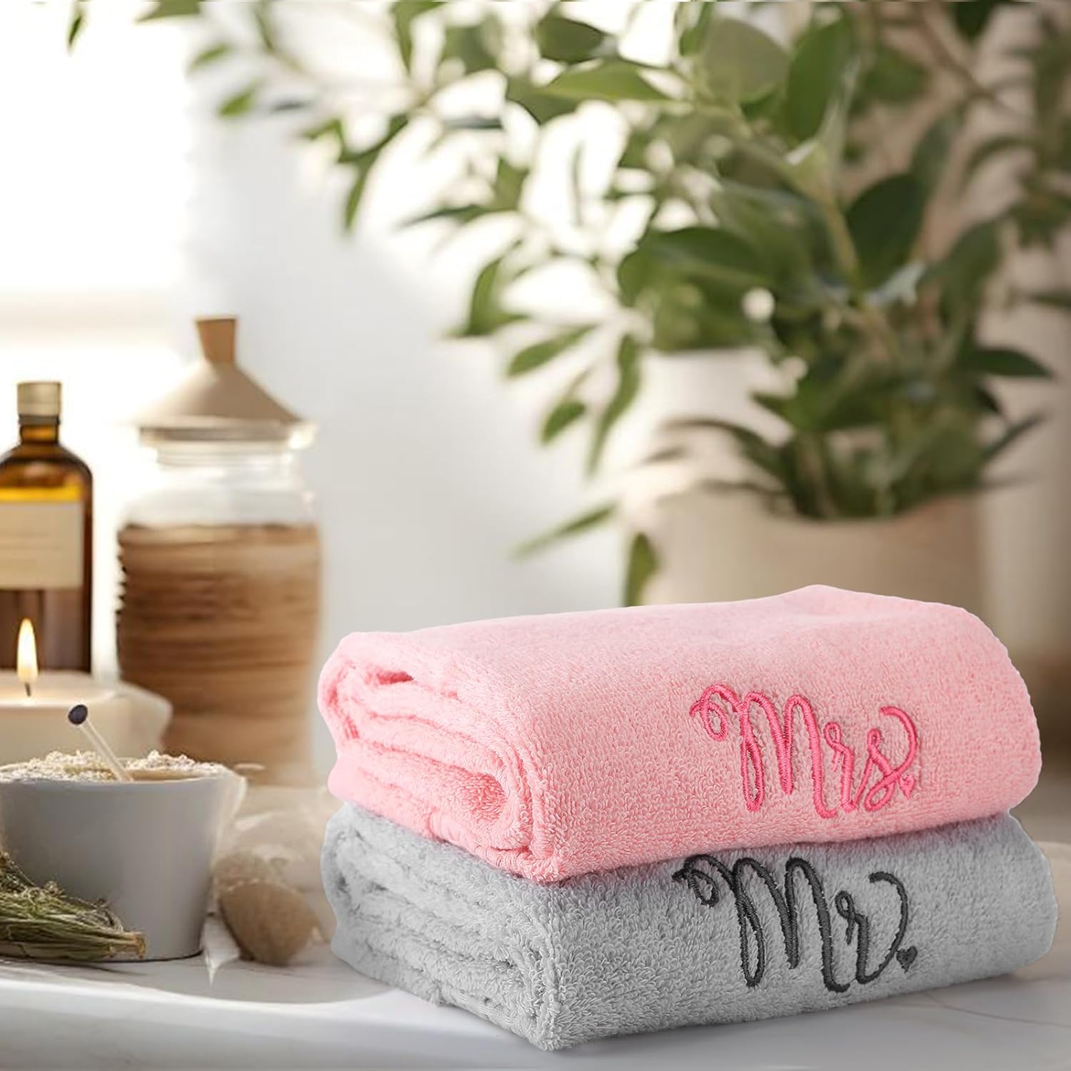 2 Pcs Mr. and Mrs. Hand Towels 100% Cotton Embroidered Bathroom Towel Wedding Mr. and Mrs. Gift for Valentine's Day Couple, Anniversary Bathroom Decor 29 x 13 Inch - Image 6