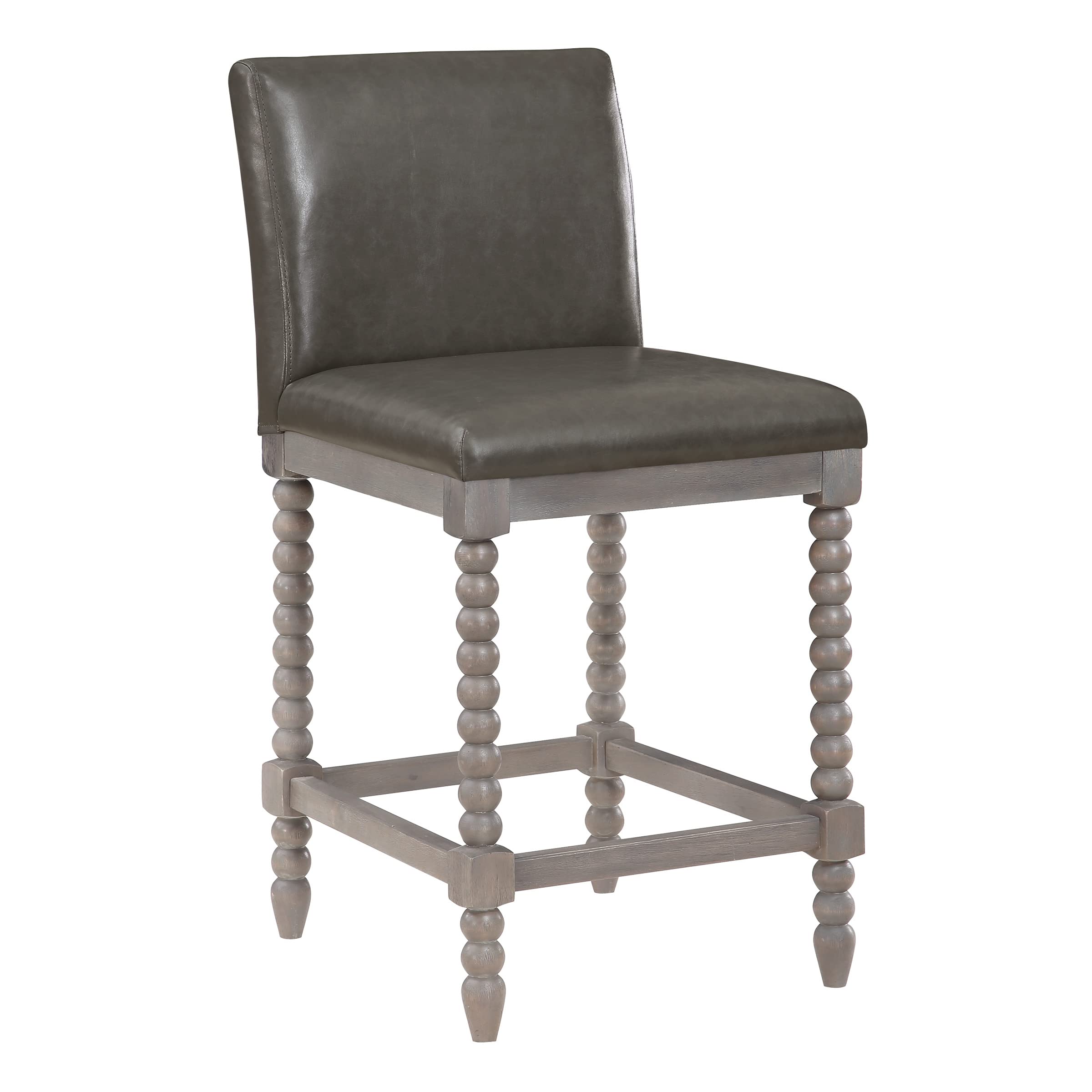 OSP Home Furnishings Abbott Spindle Counter Stool with Padded Spring Seat and Brushed Grey Base, Pewter Faux Leather Fabric