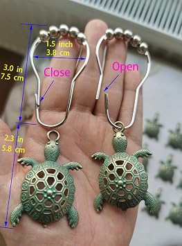 Green Sea Turtle Shower Curtain Hooks, Silver Shower Curtain Rings Beach Shower Hooks for Shower Curtain Liner Tropical Ocean Shower Curtain Hangers, Decorative Bathroom Decor Accessory