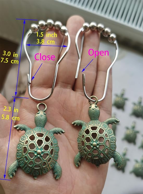 Green Sea Turtle Shower Curtain Hooks, Silver Shower Curtain Rings Beach Shower Hooks for Shower Curtain Liner Tropical Ocean Shower Curtain Hangers, Decorative Bathroom Decor Accessory